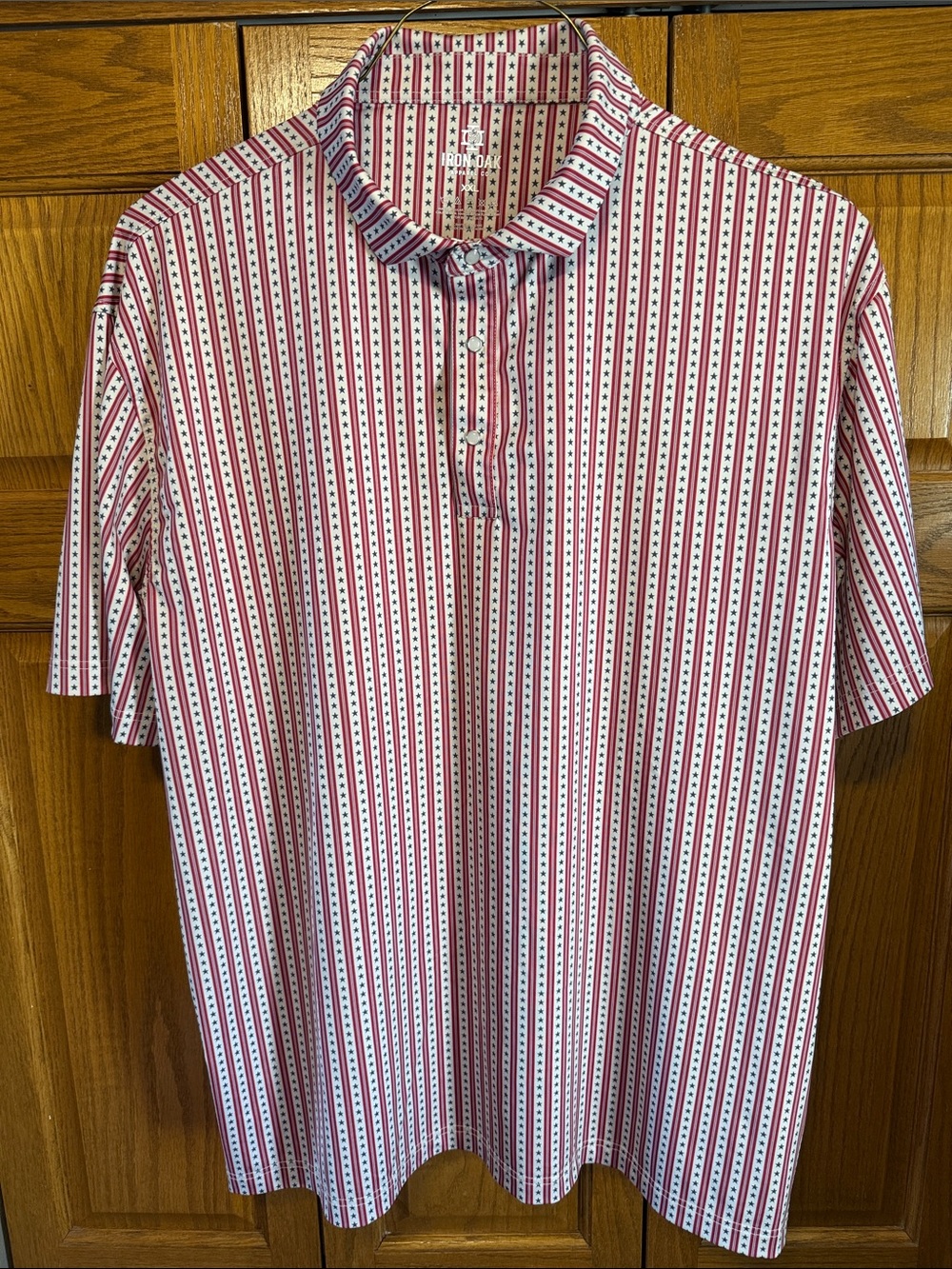 Iron Oak Red,White, and Blue Striped Short-Sleeve Polo Shirt w/ Snap Buttons